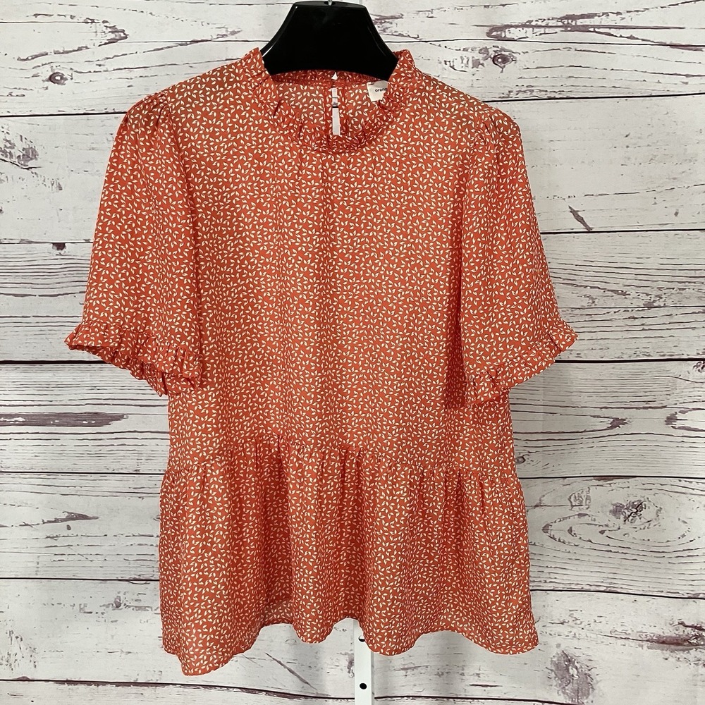 Orange Creek Los Angeles Red Peplum Blouse Leaf Print Puff Sleeve Top Medium